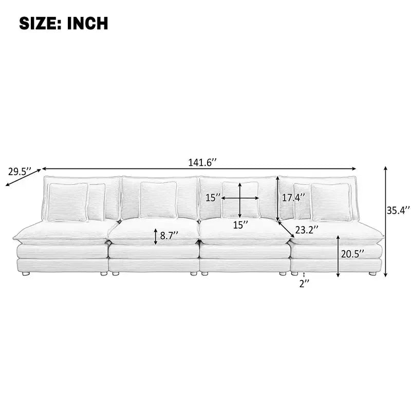 141.6 Modern Modular Sofa Upholsteres Corduroy with Four Pillows for Living Room Beige