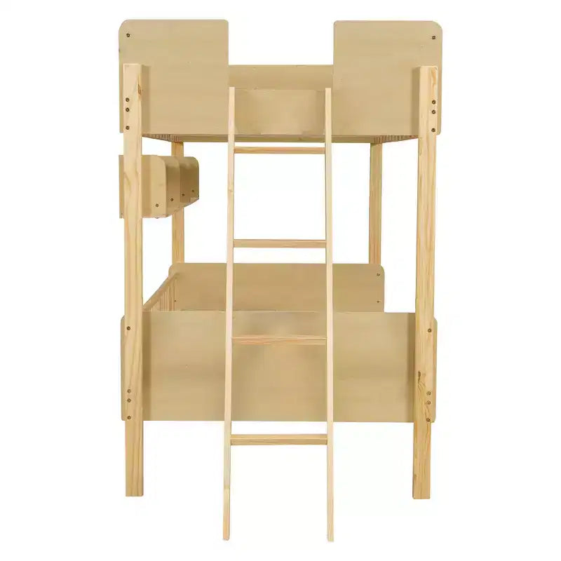 Twin Over Twin Size Bunk Bed with 3 Storage Shelves, Wooden Twin Bunk Bed Frame with Convertible Ladder and Security Fence