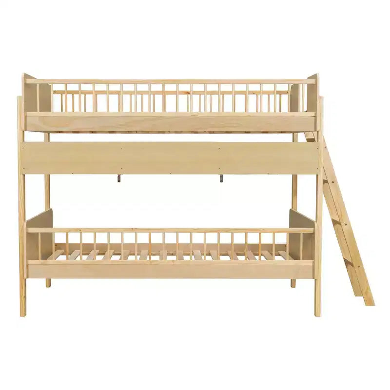 Twin Over Twin Size Bunk Bed with 3 Storage Shelves, Wooden Twin Bunk Bed Frame with Convertible Ladder and Security Fence