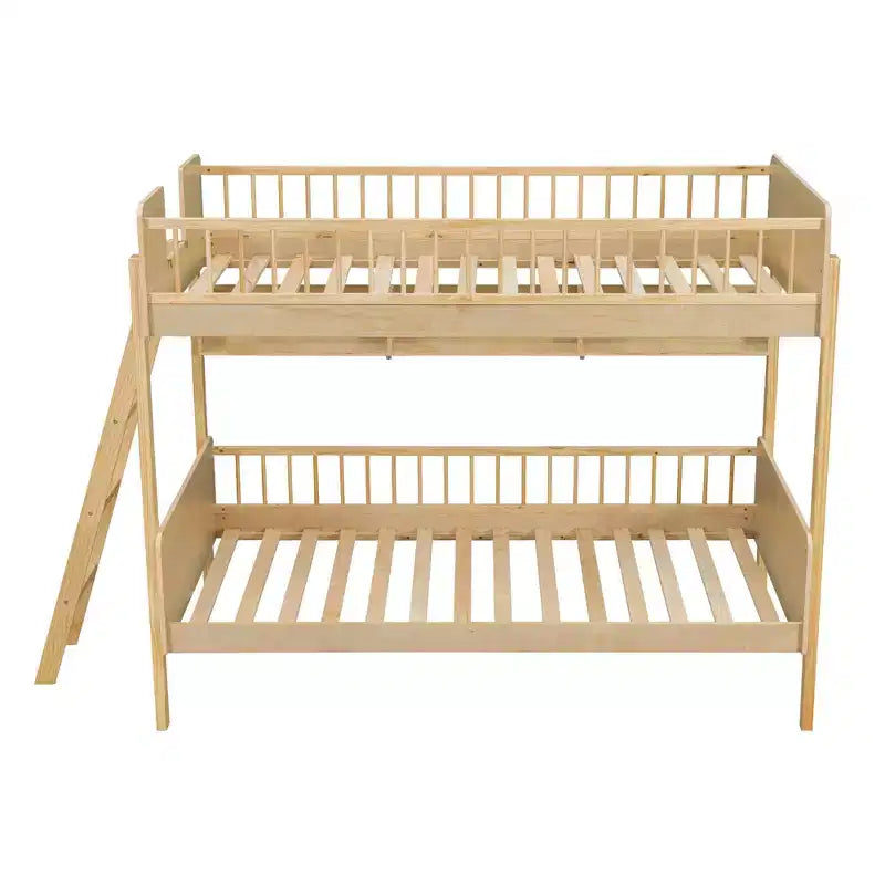 Twin Over Twin Size Bunk Bed with 3 Storage Shelves, Wooden Twin Bunk Bed Frame with Convertible Ladder and Security Fence