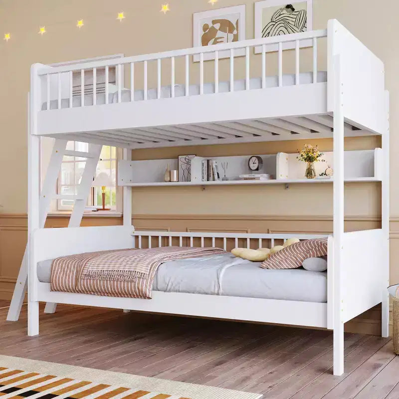 Twin Over Twin Size Bunk Bed with 3 Storage Shelves, Wooden Twin Bunk Bed Frame with Convertible Ladder and Security Fence