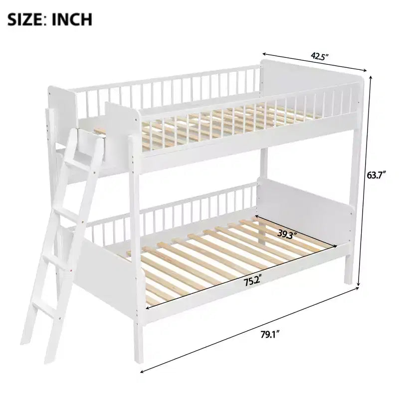 Twin Over Twin Size Bunk Bed with 3 Storage Shelves, Wooden Twin Bunk Bed Frame with Convertible Ladder and Security Fence