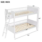 Twin Over Twin Size Bunk Bed with 3 Storage Shelves, Wooden Twin Bunk Bed Frame with Convertible Ladder and Security Fence