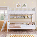 Twin Over Twin Size Bunk Bed with 3 Storage Shelves, Wooden Twin Bunk Bed Frame with Convertible Ladder and Security Fence