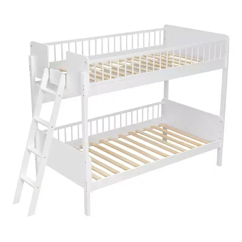 Twin Over Twin Size Bunk Bed with 3 Storage Shelves, Wooden Twin Bunk Bed Frame with Convertible Ladder and Security Fence