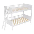 Twin Over Twin Size Bunk Bed with 3 Storage Shelves, Wooden Twin Bunk Bed Frame with Convertible Ladder and Security Fence