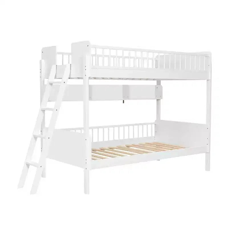 Twin Over Twin Size Bunk Bed with 3 Storage Shelves, Wooden Twin Bunk Bed Frame with Convertible Ladder and Security Fence