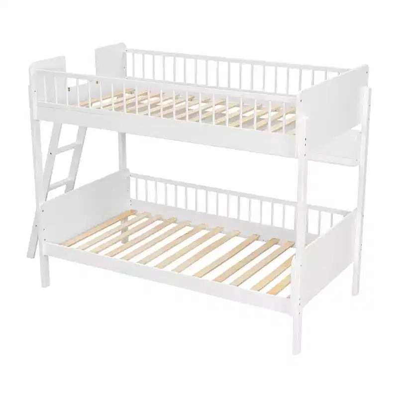 Twin Over Twin Size Bunk Bed with 3 Storage Shelves, Wooden Twin Bunk Bed Frame with Convertible Ladder and Security Fence
