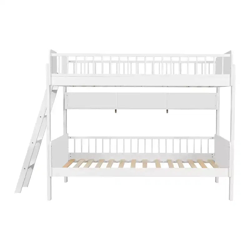 Twin Over Twin Size Bunk Bed with 3 Storage Shelves, Wooden Twin Bunk Bed Frame with Convertible Ladder and Security Fence