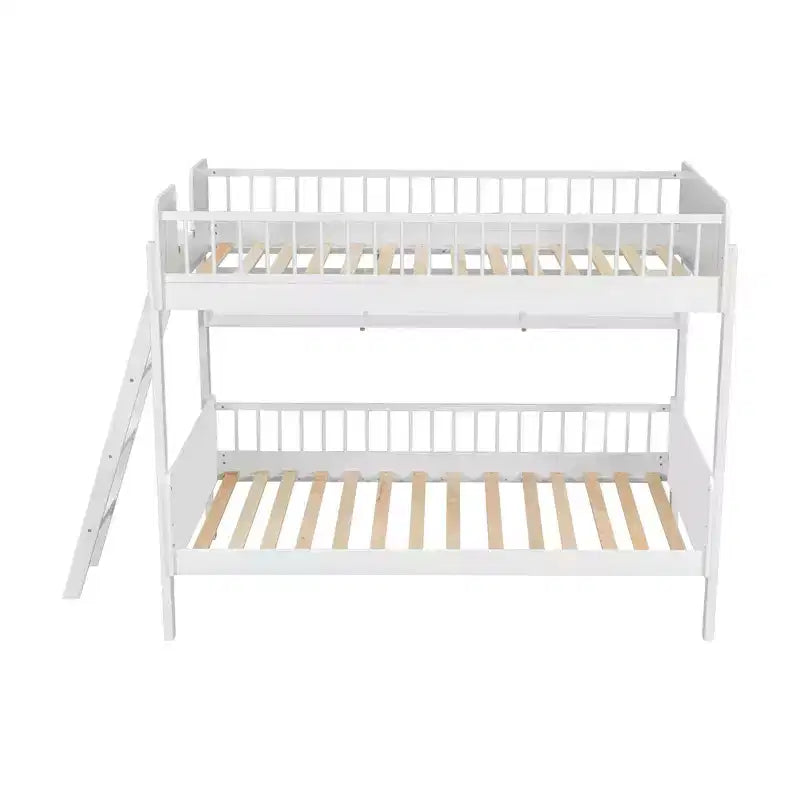 Twin Over Twin Size Bunk Bed with 3 Storage Shelves, Wooden Twin Bunk Bed Frame with Convertible Ladder and Security Fence