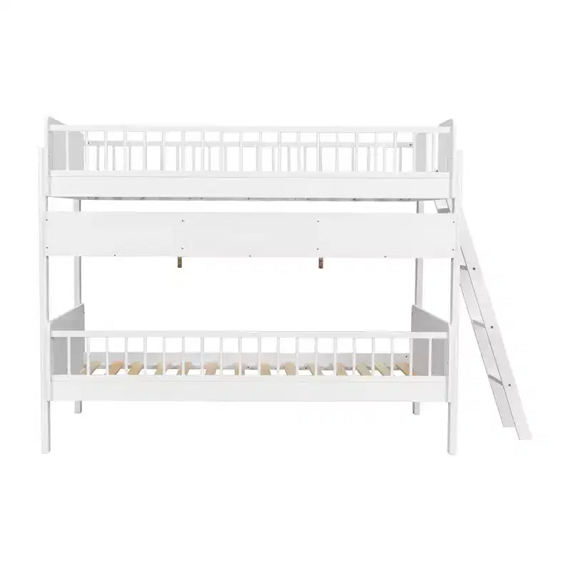 Twin Over Twin Size Bunk Bed with 3 Storage Shelves, Wooden Twin Bunk Bed Frame with Convertible Ladder and Security Fence