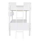 Twin Over Twin Size Bunk Bed with 3 Storage Shelves, Wooden Twin Bunk Bed Frame with Convertible Ladder and Security Fence