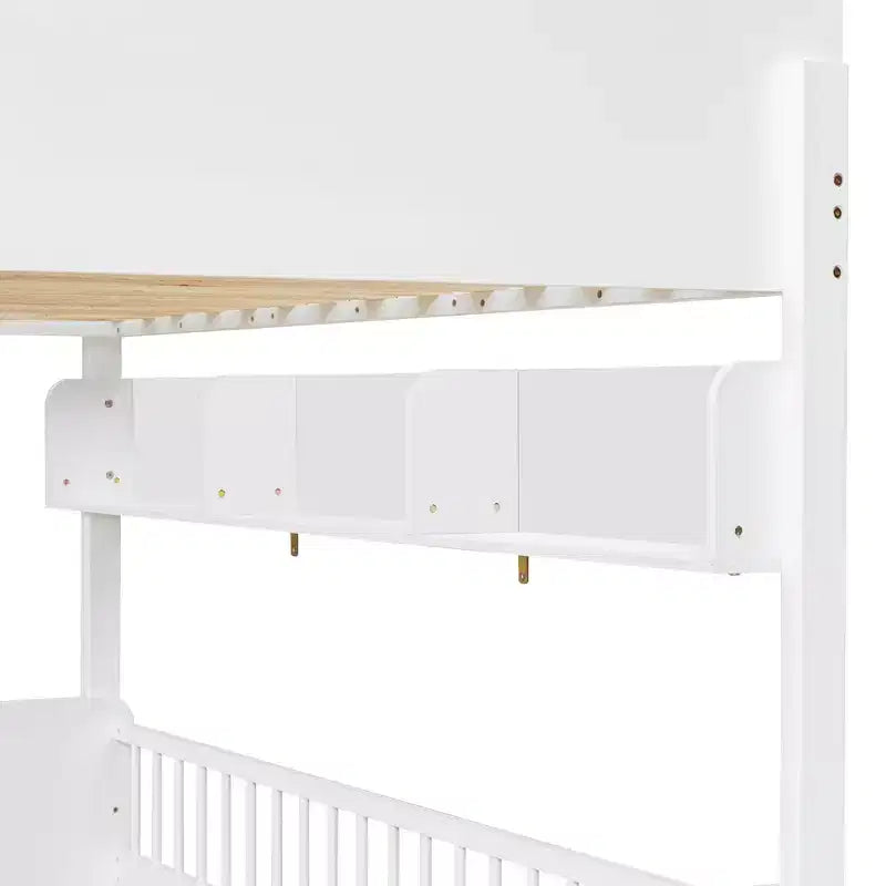 Twin Over Twin Size Bunk Bed with 3 Storage Shelves, Wooden Twin Bunk Bed Frame with Convertible Ladder and Security Fence