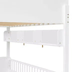Twin Over Twin Size Bunk Bed with 3 Storage Shelves, Wooden Twin Bunk Bed Frame with Convertible Ladder and Security Fence