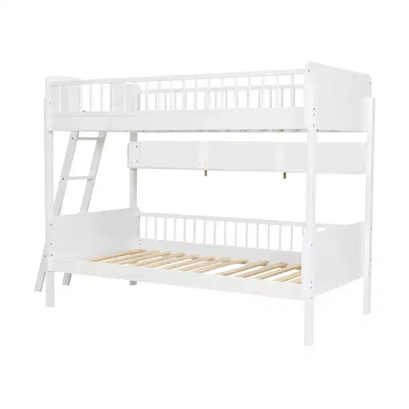 Twin Over Twin Size Bunk Bed with 3 Storage Shelves, Wooden Twin Bunk Bed Frame with Convertible Ladder and Security Fence