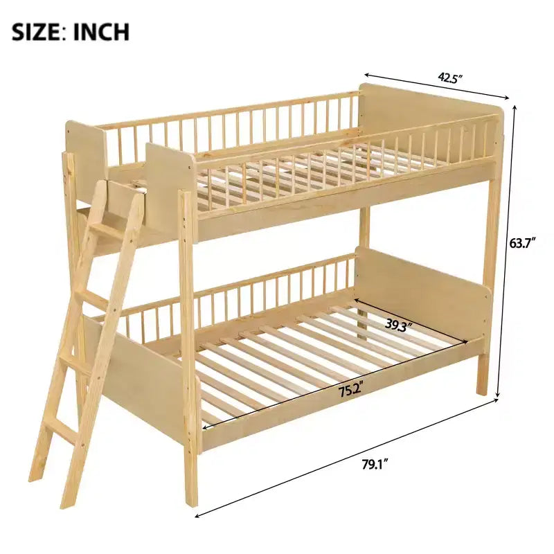 Twin Over Twin Size Bunk Bed with 3 Storage Shelves, Wooden Twin Bunk Bed Frame with Convertible Ladder and Security Fence