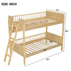 Twin Over Twin Size Bunk Bed with 3 Storage Shelves, Wooden Twin Bunk Bed Frame with Convertible Ladder and Security Fence