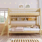 Twin Over Twin Size Bunk Bed with 3 Storage Shelves, Wooden Twin Bunk Bed Frame with Convertible Ladder and Security Fence