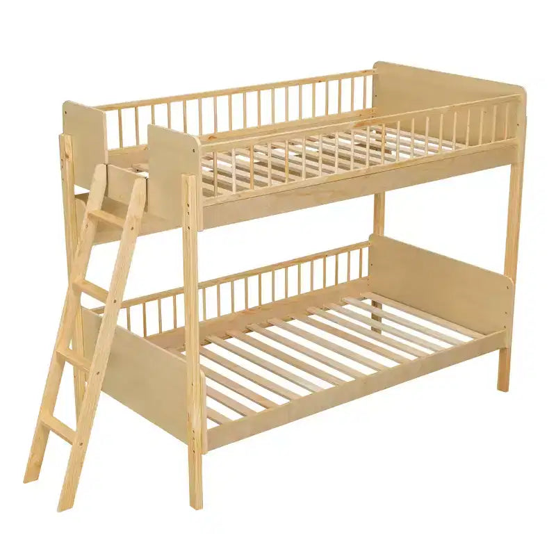 Twin Over Twin Size Bunk Bed with 3 Storage Shelves, Wooden Twin Bunk Bed Frame with Convertible Ladder and Security Fence