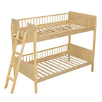 Twin Over Twin Size Bunk Bed with 3 Storage Shelves, Wooden Twin Bunk Bed Frame with Convertible Ladder and Security Fence