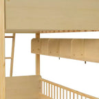 Twin Over Twin Size Bunk Bed with 3 Storage Shelves, Wooden Twin Bunk Bed Frame with Convertible Ladder and Security Fence