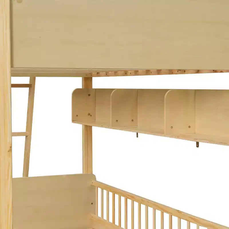 Twin Over Twin Size Bunk Bed with 3 Storage Shelves, Wooden Twin Bunk Bed Frame with Convertible Ladder and Security Fence