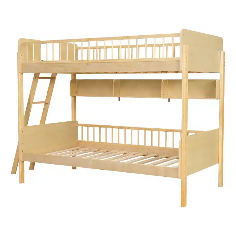 Twin Over Twin Size Bunk Bed with 3 Storage Shelves, Wooden Twin Bunk Bed Frame with Convertible Ladder and Security Fence