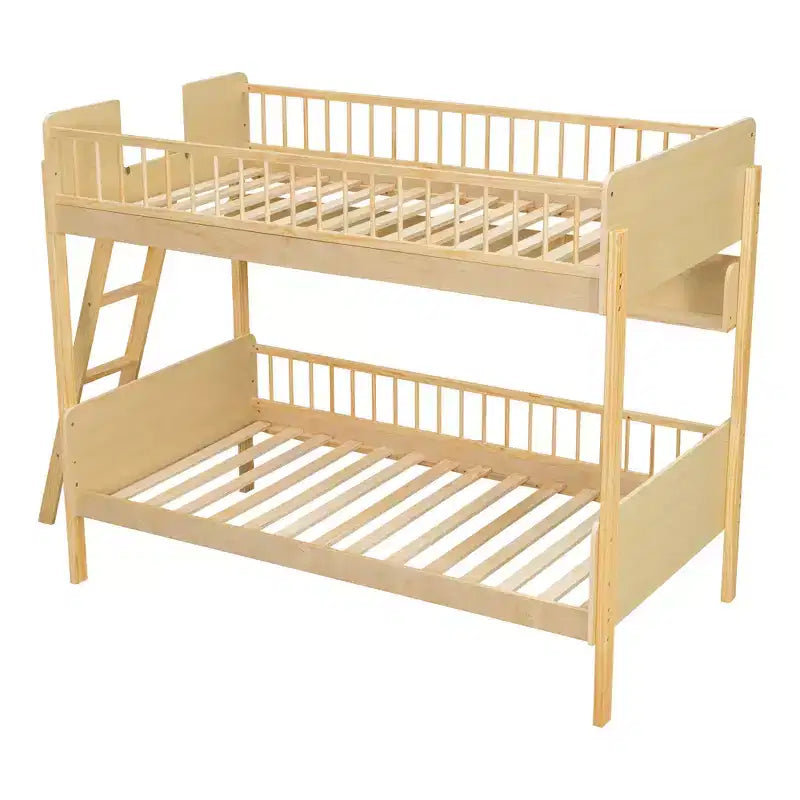 Twin Over Twin Size Bunk Bed with 3 Storage Shelves, Wooden Twin Bunk Bed Frame with Convertible Ladder and Security Fence