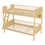 Twin Over Twin Size Bunk Bed with 3 Storage Shelves, Wooden Twin Bunk Bed Frame with Convertible Ladder and Security Fence