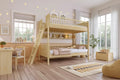 Twin Over Twin Size Bunk Bed with 3 Storage Shelves, Wooden Twin Bunk Bed Frame with Convertible Ladder and Security Fence