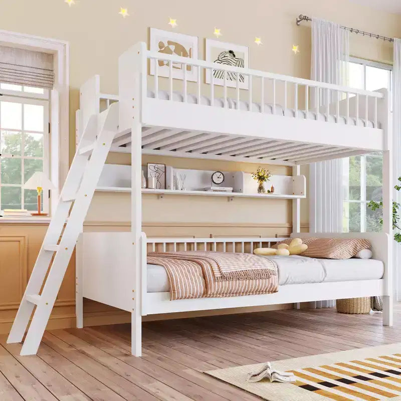 Twin Over Twin Size Bunk Bed with 3 Storage Shelves, Wooden Twin Bunk Bed Frame with Convertible Ladder and Security Fence