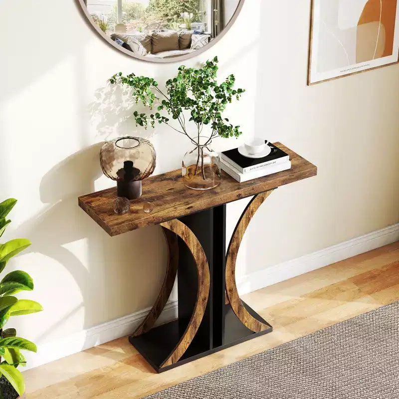 Console Table 40'' Rectangular Entryway Table w/Geometric Frame for Living Room Rustic Brown