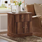 Fluted Nightstand with drawer, Light Wood Bedside Table with Open Shelf, Space Saving Side Table with Curved Edge Base for Living Room Bedroom