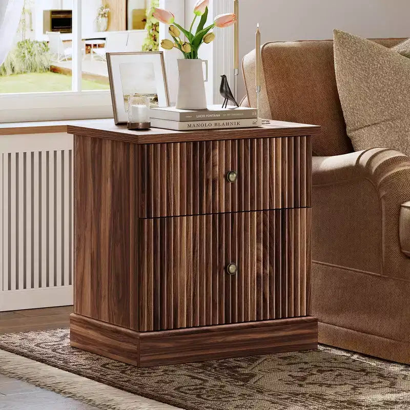 Fluted Nightstand with drawer, Light Wood Bedside Table with Open Shelf, Space Saving Side Table with Curved Edge Base for Living Room Bedroom