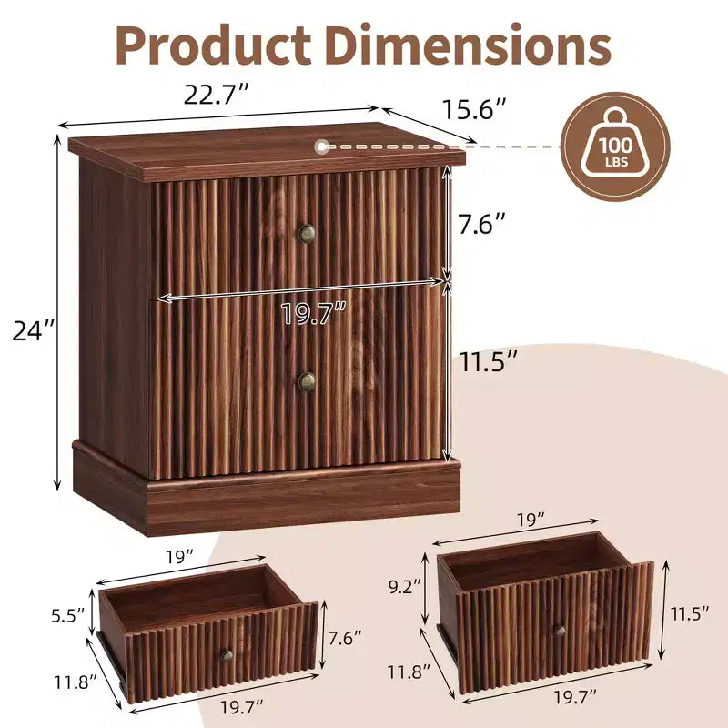 Fluted Nightstand with drawer, Light Wood Bedside Table with Open Shelf, Space Saving Side Table with Curved Edge Base for Living Room Bedroom