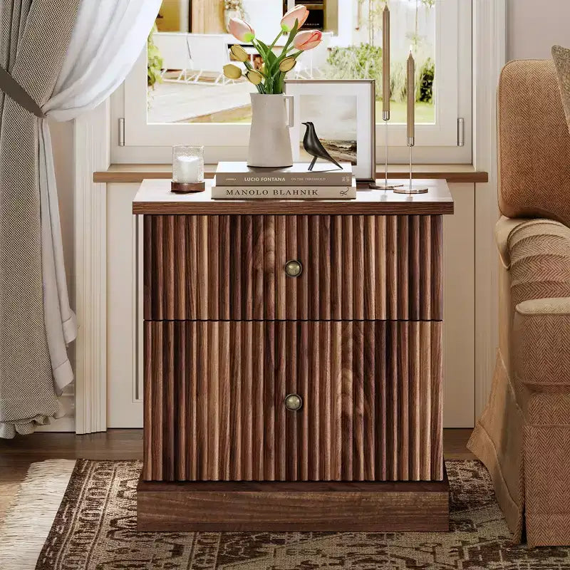 Fluted Nightstand with drawer, Light Wood Bedside Table with Open Shelf, Space Saving Side Table with Curved Edge Base for Living Room Bedroom