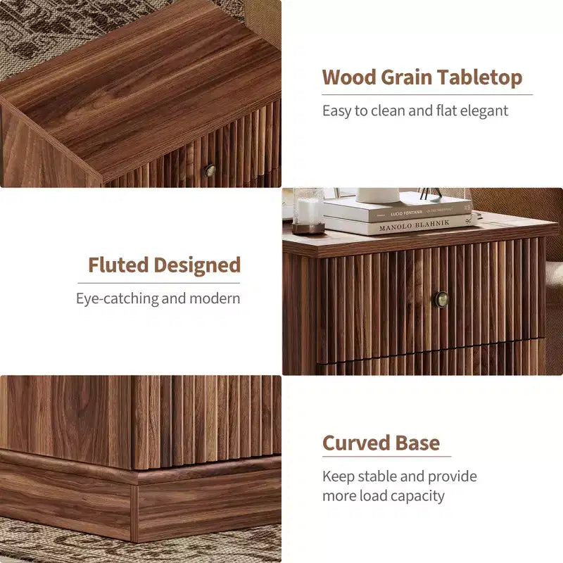 Fluted Nightstand with drawer, Light Wood Bedside Table with Open Shelf, Space Saving Side Table with Curved Edge Base for Living Room Bedroom