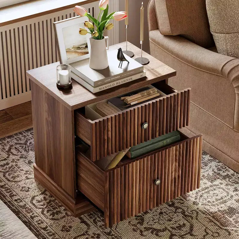 Fluted Nightstand with drawer, Light Wood Bedside Table with Open Shelf, Space Saving Side Table with Curved Edge Base for Living Room Bedroom