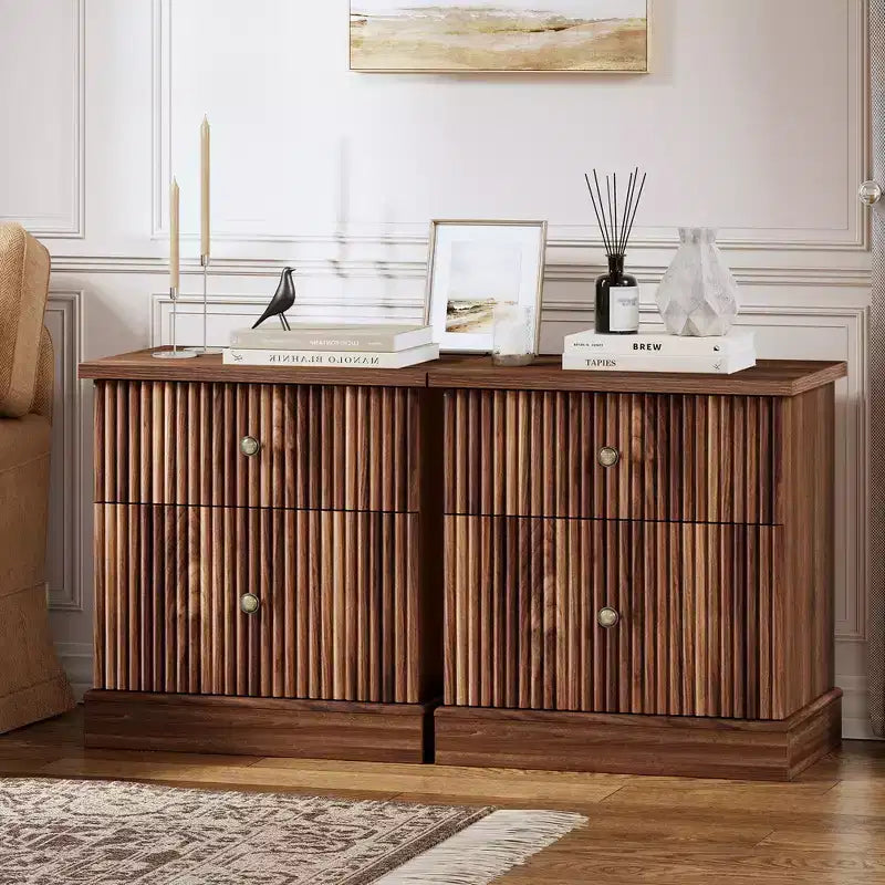Fluted Nightstand with drawer, Light Wood Bedside Table with Open Shelf, Space Saving Side Table with Curved Edge Base for Living Room Bedroom