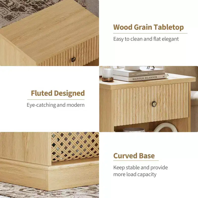 Fluted Nightstand with drawer, Light Wood Bedside Table with Open Shelf, Space Saving Side Table with Curved Edge Base for Living Room Bedroom