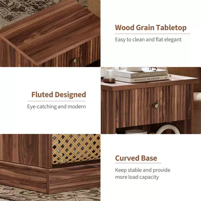 Fluted Nightstand with drawer, Light Wood Bedside Table with Open Shelf, Space Saving Side Table with Curved Edge Base for Living Room Bedroom
