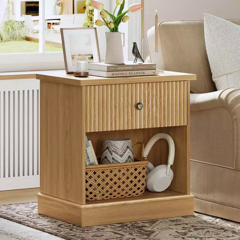 Fluted Nightstand with drawer, Light Wood Bedside Table with Open Shelf, Space Saving Side Table with Curved Edge Base for Living Room Bedroom