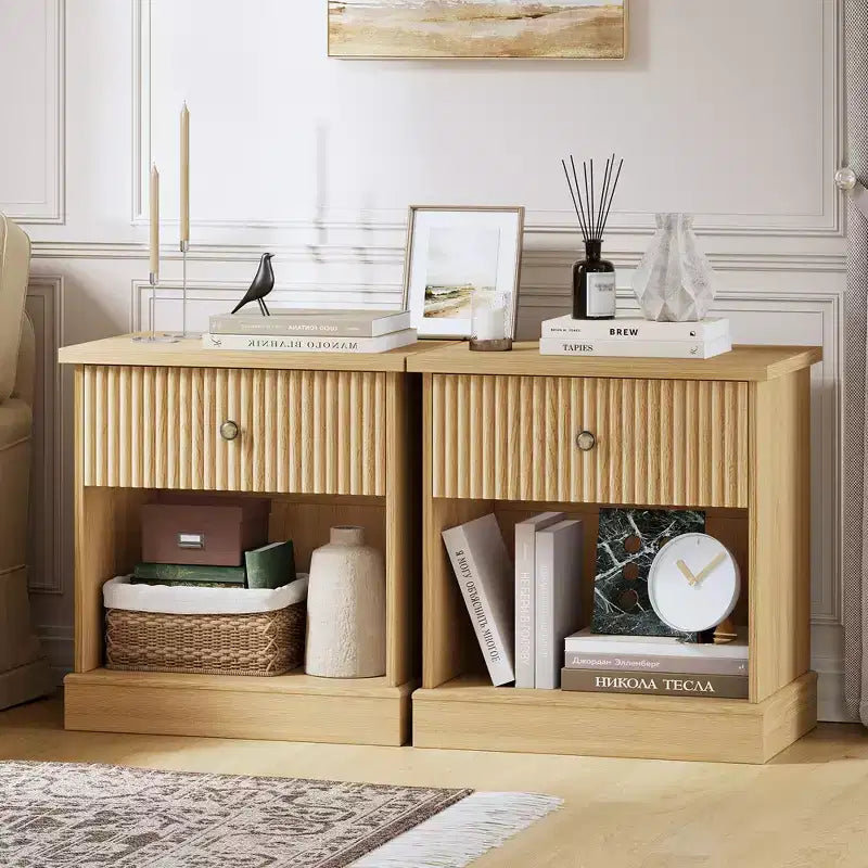 Fluted Nightstand with drawer, Light Wood Bedside Table with Open Shelf, Space Saving Side Table with Curved Edge Base for Living Room Bedroom
