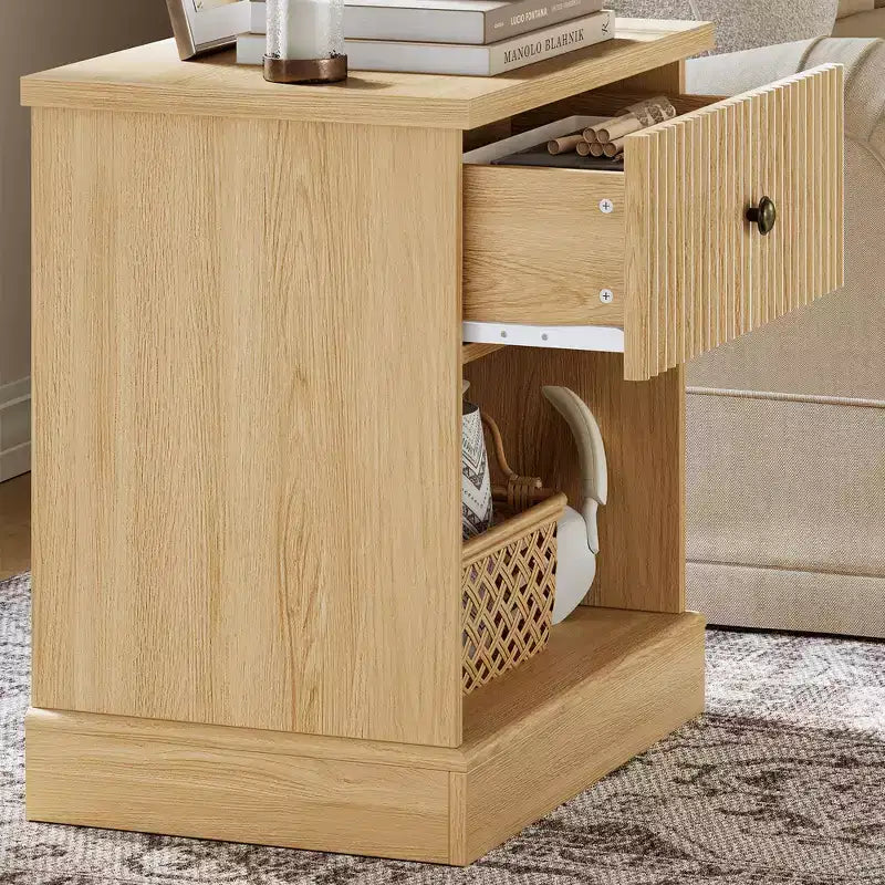 Fluted Nightstand with drawer, Light Wood Bedside Table with Open Shelf, Space Saving Side Table with Curved Edge Base for Living Room Bedroom
