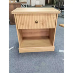 Fluted Nightstand with drawer, Light Wood Bedside Table with Open Shelf, Space Saving Side Table with Curved Edge Base for Living Room Bedroom