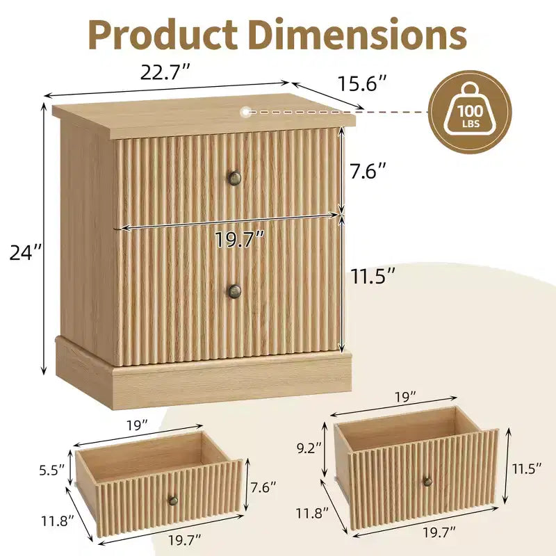 Fluted Nightstand with drawer, Light Wood Bedside Table with Open Shelf, Space Saving Side Table with Curved Edge Base for Living Room Bedroom