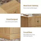 Fluted Nightstand with drawer, Light Wood Bedside Table with Open Shelf, Space Saving Side Table with Curved Edge Base for Living Room Bedroom