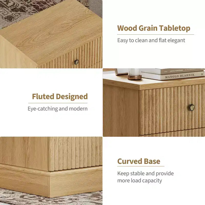 Fluted Nightstand with drawer, Light Wood Bedside Table with Open Shelf, Space Saving Side Table with Curved Edge Base for Living Room Bedroom