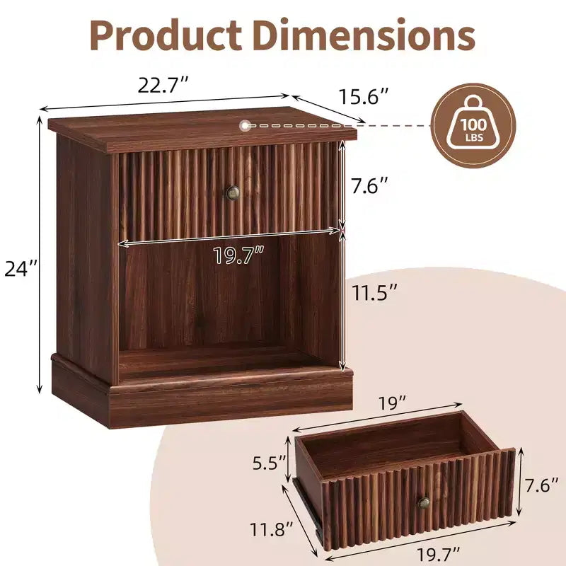 Fluted Nightstand with drawer, Light Wood Bedside Table with Open Shelf, Space Saving Side Table with Curved Edge Base for Living Room Bedroom
