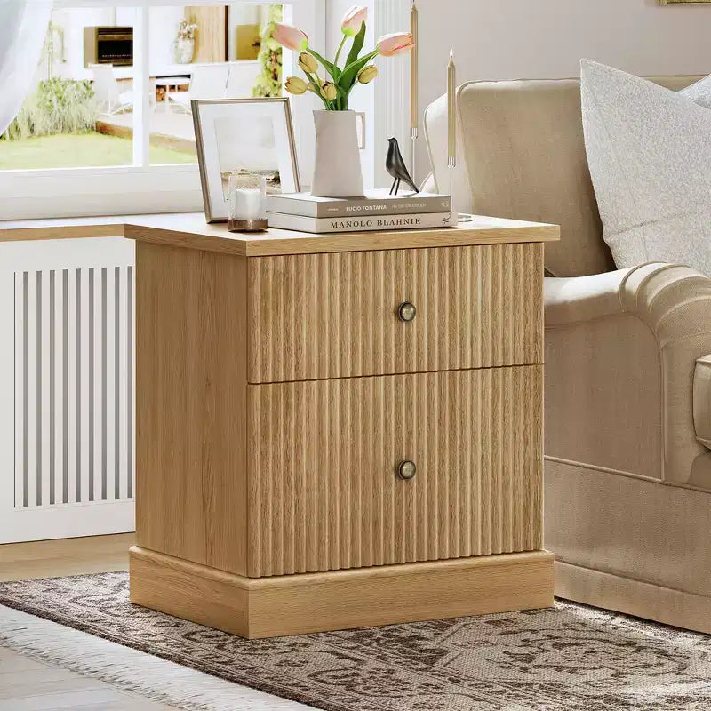 Fluted Nightstand with drawer, Light Wood Bedside Table with Open Shelf, Space Saving Side Table with Curved Edge Base for Living Room Bedroom